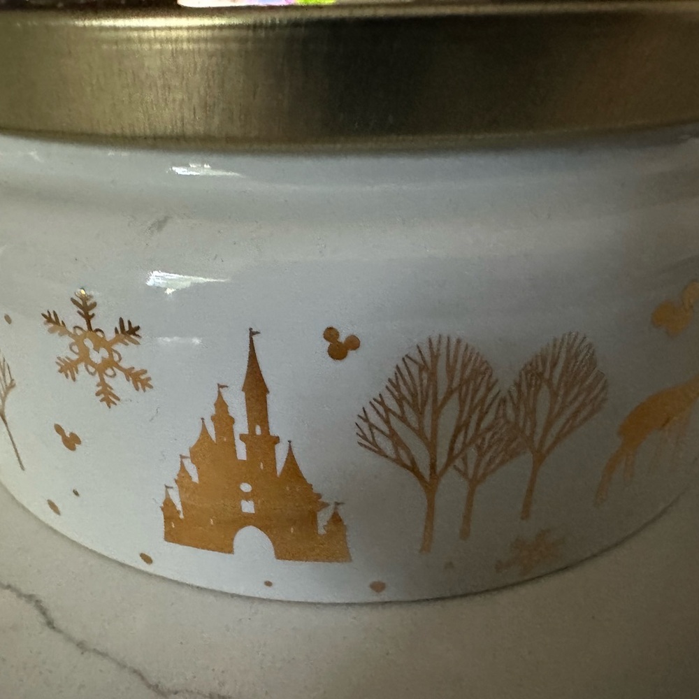 Disney Holiday Candle with Gold and White Design